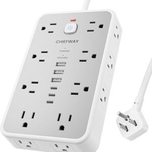 6FT surge protector power strip with 16 AC outlets, 3 USB-C ports, 3 USB-A ports, flat plug, and 2400J surge protection