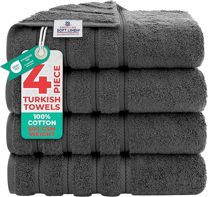 American Soft Linen 100% Cotton Luxury Turkish Towels, 4-Piece Bath Towel Set American Soft Linen 100% cotton Turkish bath towels 4-piece set in silver gray