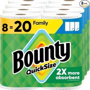 Bounty Quick-Size paper towels 8 family rolls with durable 2-ply absorbent sheets for household cleaning