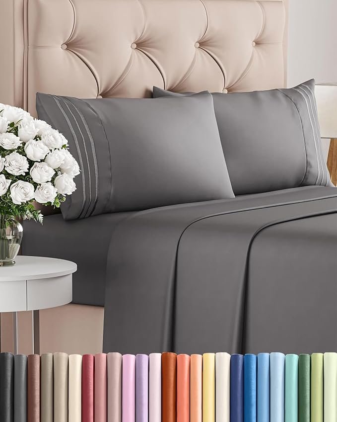Queen Size 4 Piece Sheet Set Breathable & Cooling Sheets Dark Grey CGK Unlimited queen size dark grey microfiber sheet set with deep pockets and cooling breathable fabric