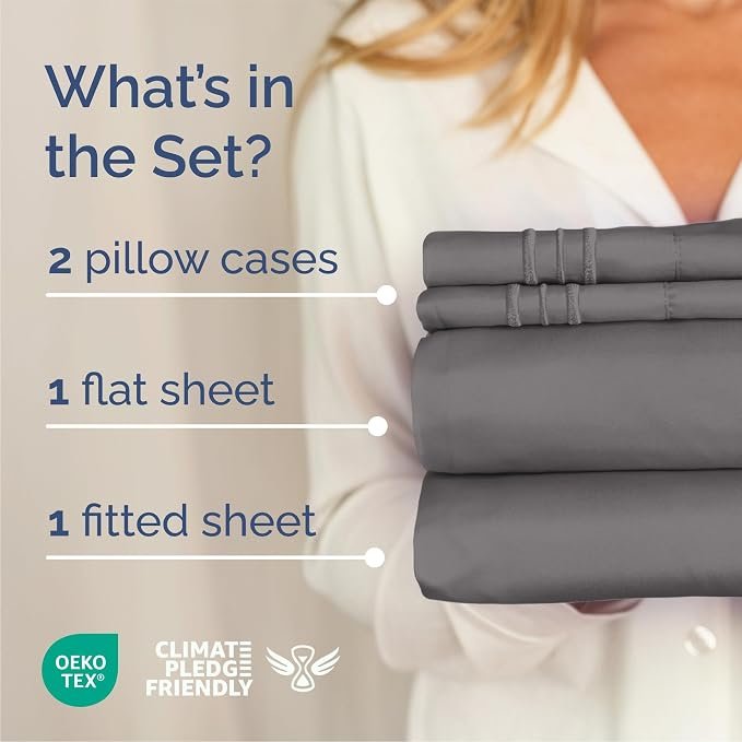 Queen Size 4 Piece Sheet Set Breathable & Cooling Sheets Dark Grey1 Queen Size 4 Piece Sheet Set - Breathable & Cooling Sheets - Dark Grey - Image 2