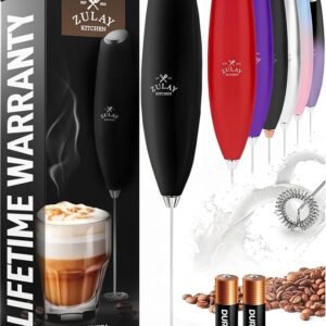 Zulay Kitchen black handheld electric milk frother with stainless steel whisk